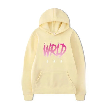 A pale yellow rapper plk face casual pullover hoodie with bold pink white wrld 999 graphic for pop music tracksuit style