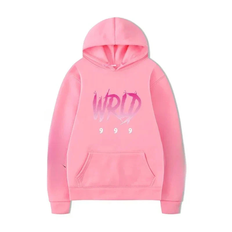 Pink hoodie featuring a gradient wrid 999 graphic, ideal rapper plk face pop music tracksuit and man casual pullover