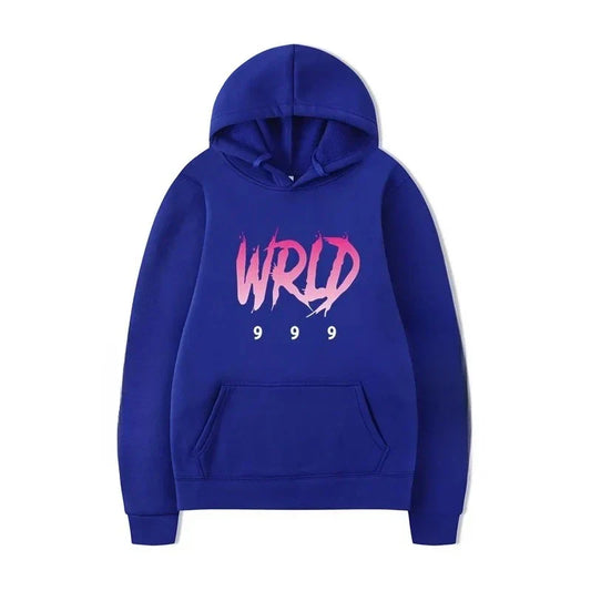 Royal blue rapper plk face graphic hoodie with bold pink and white wrld 999 design for man casual pullover use