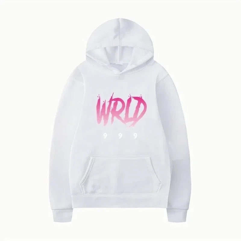 White hoodie rapper plk face graphic with bold pink gradient wrld and 999 for man casual pullover pop music tracksuit