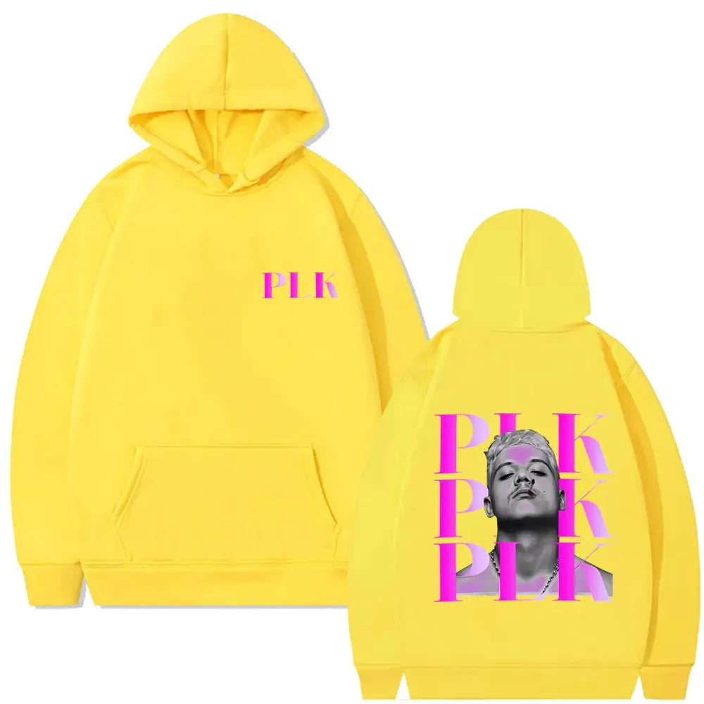 Bright yellow man casual pullover hoodie with bold pink rapper plk face graphic and portrait print on the back