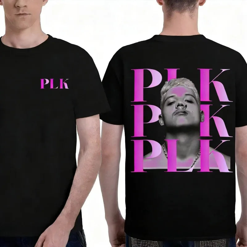 Black oversized fashion pop cotton t shirt with bold pink rapper plk face graphic and vintage hip hop design on back