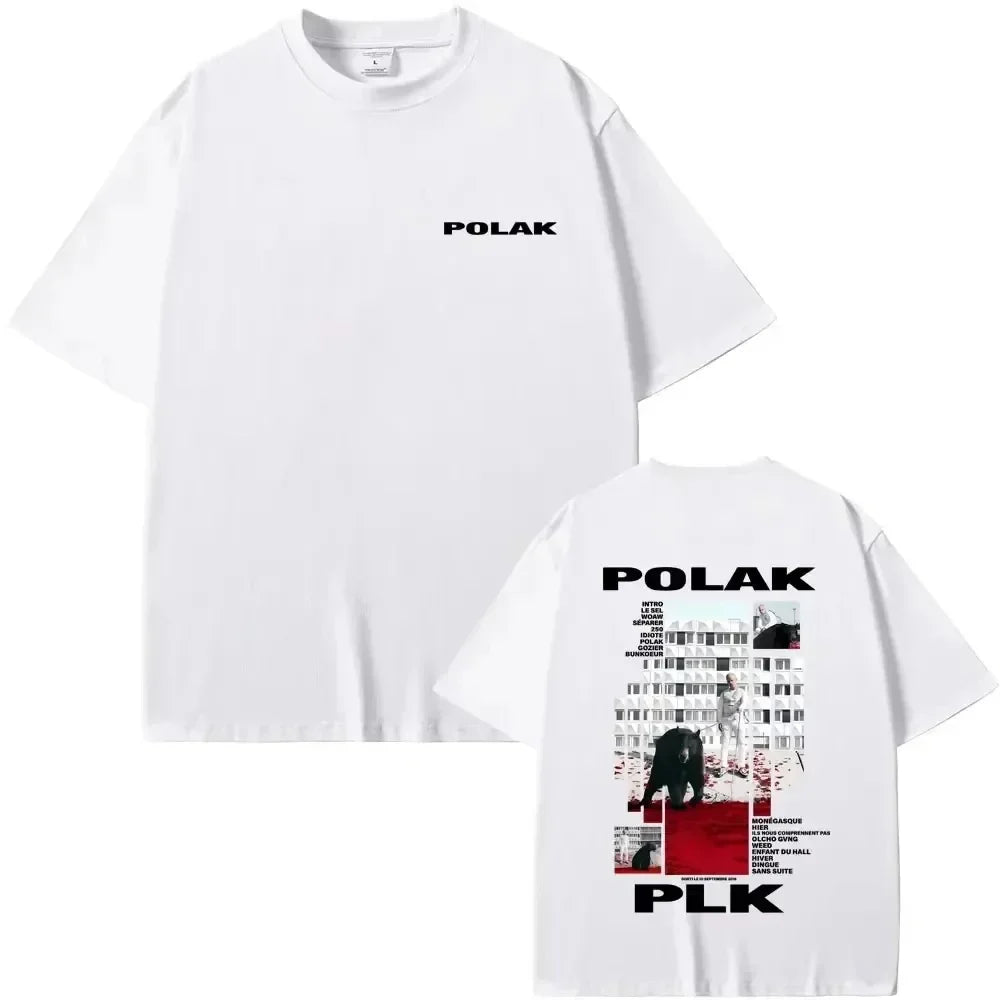 White short-sleeved rapper plk polak t-shirt in 100 percent cotton with minimalist front logo and detailed back graphic for unisex hip hop casual retro streetwear