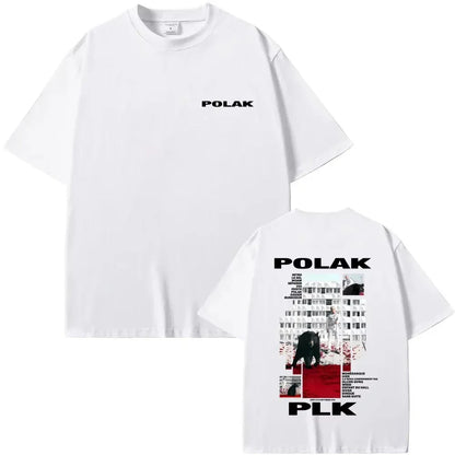 White short-sleeved rapper plk polak graphic t-shirt with minimalist front logo and detailed vintage t shirts back print for women hip hop