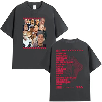 Black cotton rapper plk portrait graphic t shirt with collage faces front and red barcode text on back men women clothing