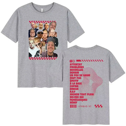 Gray heathered cotton rapper plk portrait graphic t-shirt with collage faces front and pink text back for men women clothing