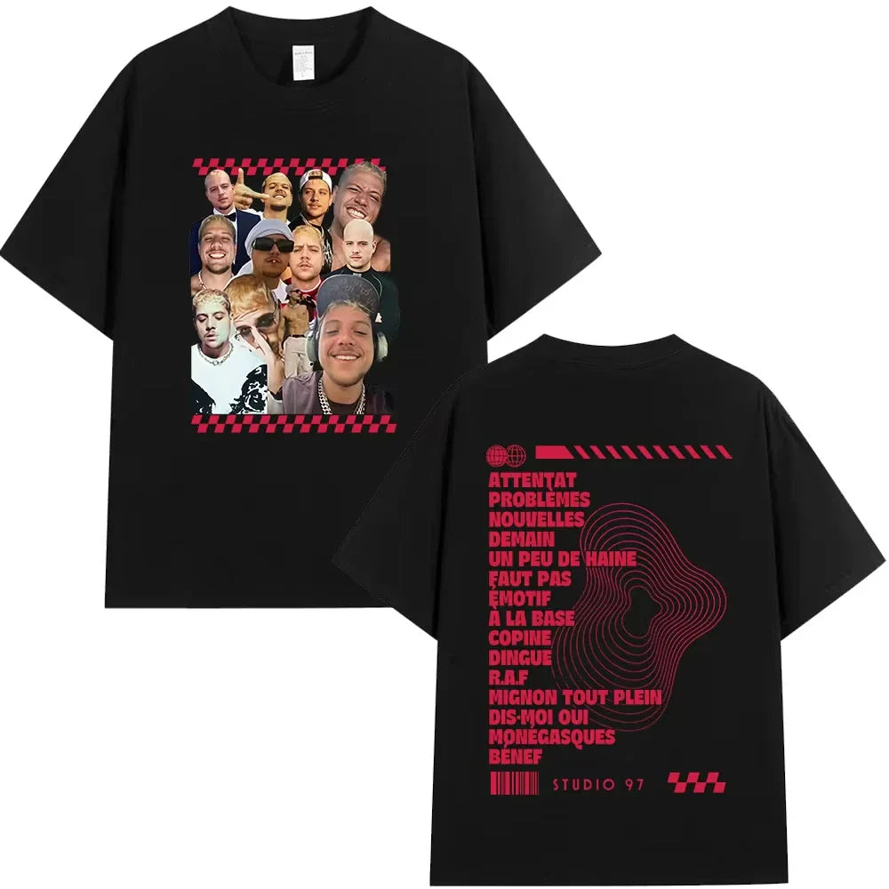Black rapper plk portrait graphic t-shirt for men and women featuring collage faces front and pink line art back casual cotton short