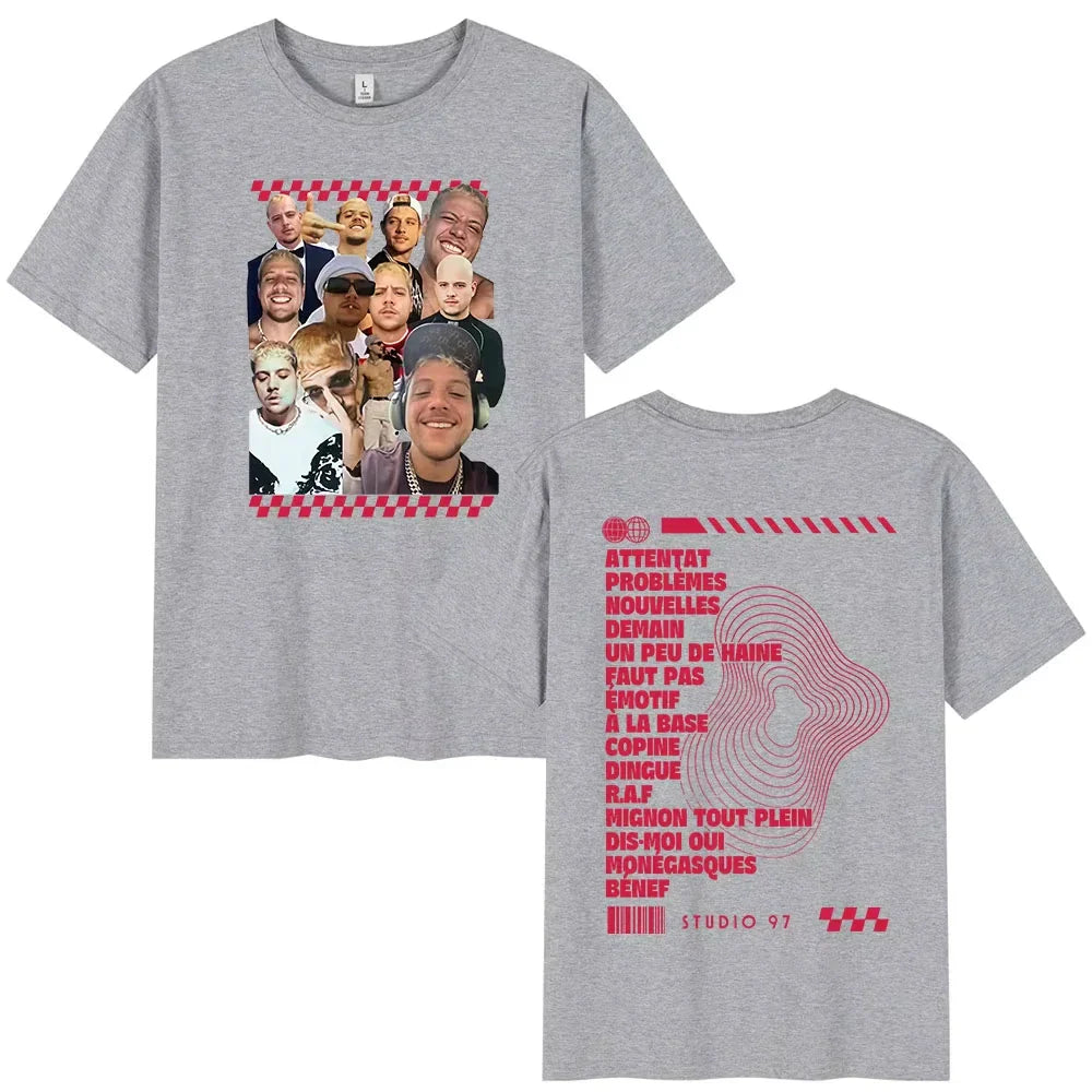 Gray heathered cotton rapper plk portrait t-shirt with collage faces front and pink text abstract lines back for women clothing fashion casual cotton short sleeves