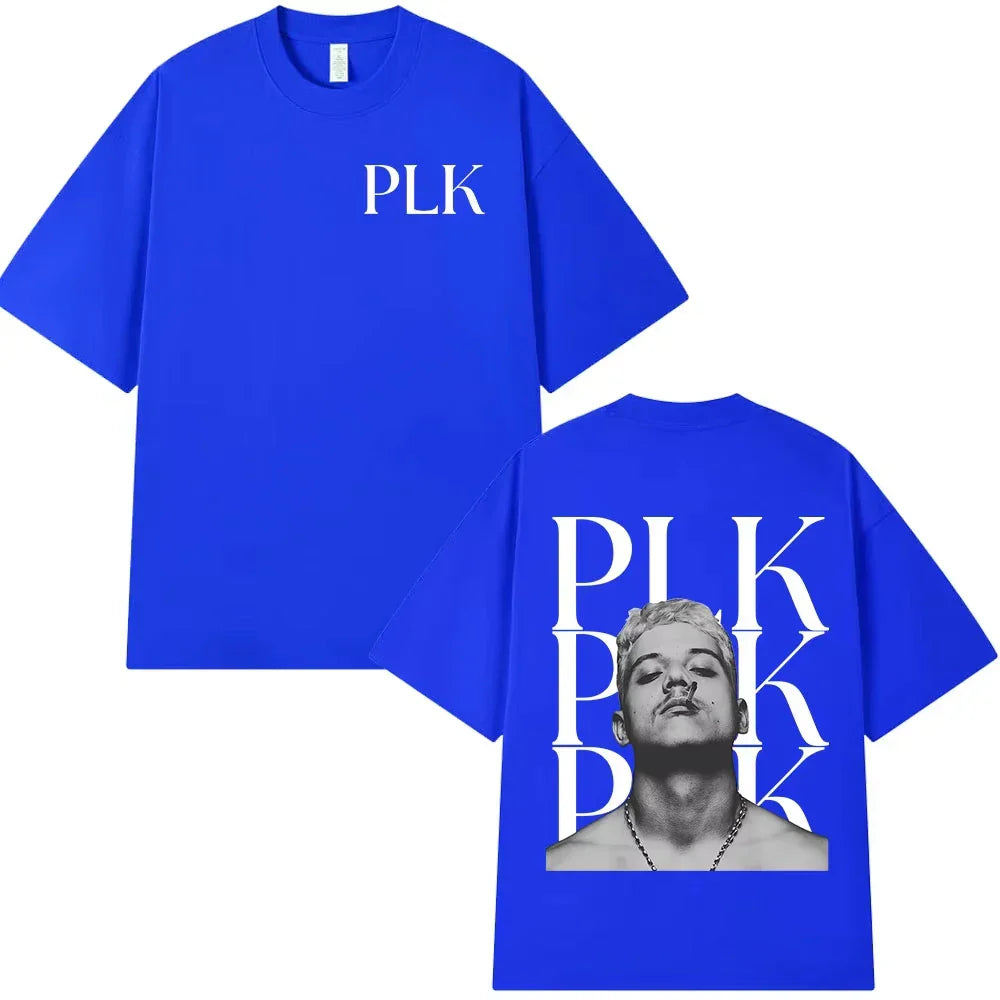 Bright blue oversized 100% cotton summer hip hop shirt featuring rapper plk portrait and bold plk logo for fan gifts