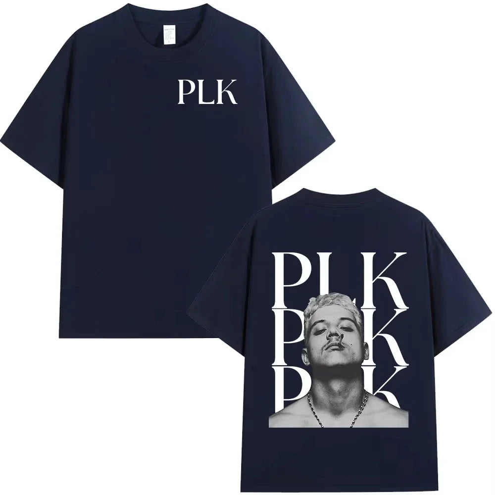 Navy blue short-sleeved cotton t-shirt with rapper plk portrait graphics on back for summer hip hop shirt fan gifts