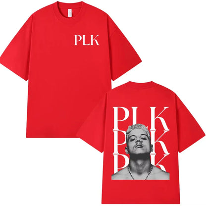 Red cotton music tshirt with rapper plk portrait on the back and white plk lettering on the chest for summer hip hop fans