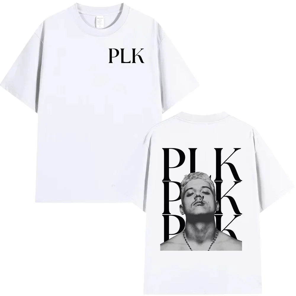 White cotton t-shirt with rapper plk portrait black graphic print and ventilate short sleeve for summer hip hop fans