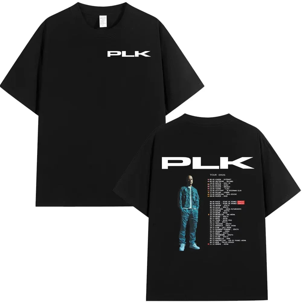 Black cotton short-sleeved rapper plk tour t-shirt with white logo front and hip hop vintage graphic back design