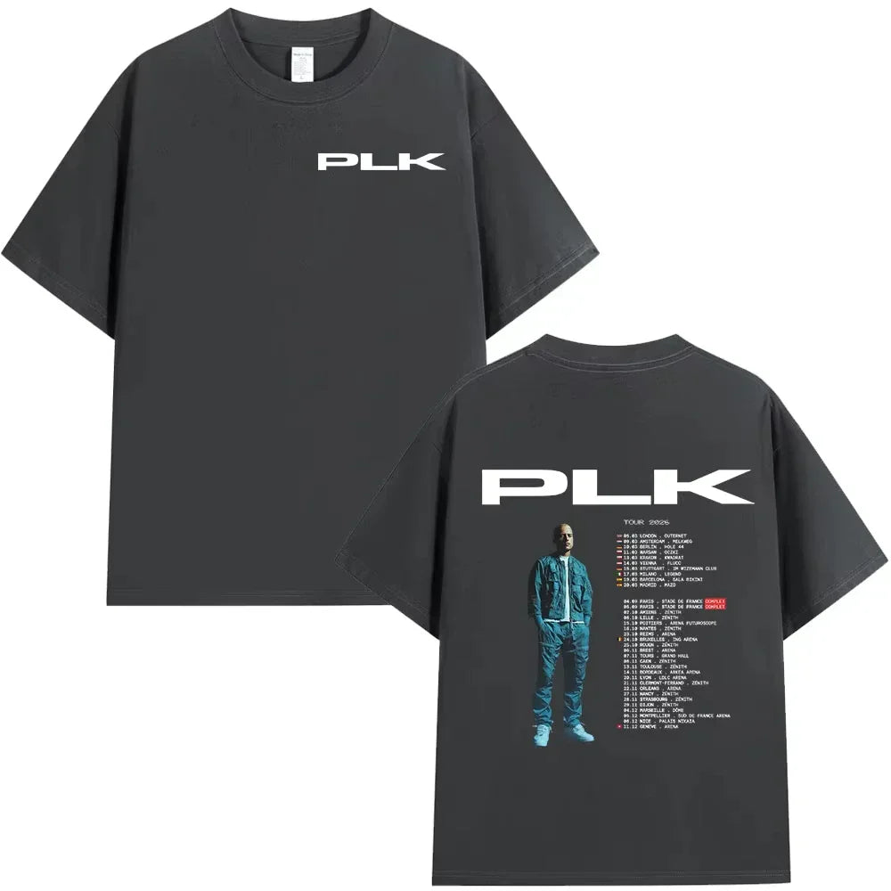 Black cotton short-sleeved t-shirt featuring rapper plk tour graphic and hip hop vintage fashion design for casual wear