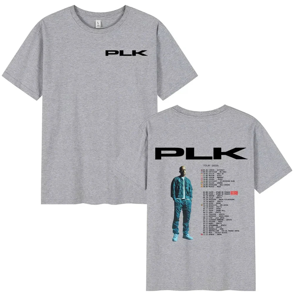 Gray heathered cotton rapper plk tour t shirt with black plk logo and hip hop vintage graphic on the back side