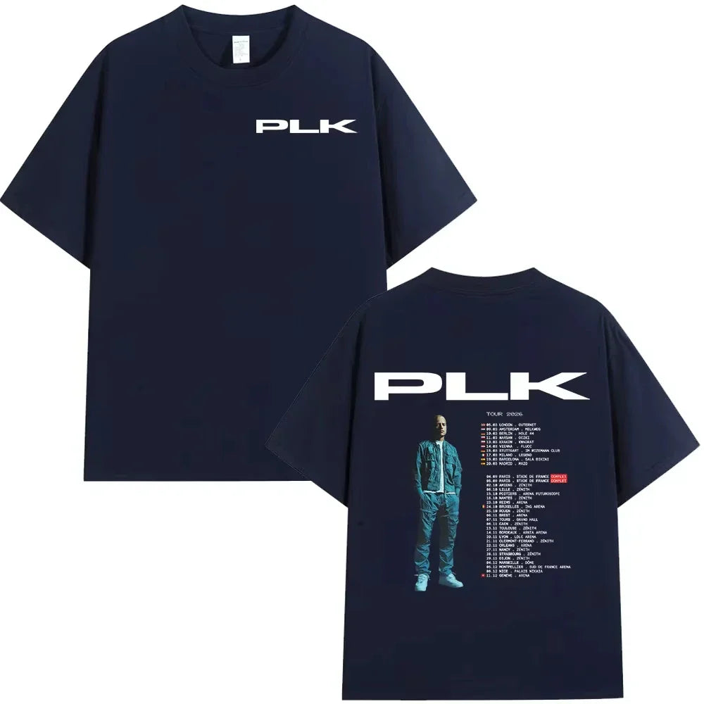 Navy blue cotton short-sleeved t-shirt with white plk logo and tour dates on back for rapper plk tour fashion hip hop vintage