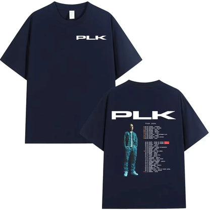 Navy blue cotton short-sleeved t-shirt with white plk logo and tour dates on back for rapper plk tour fashion hip hop vintage