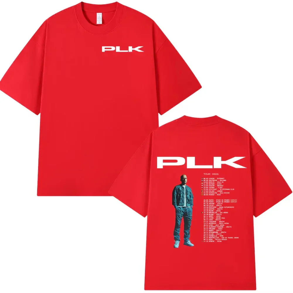 Red plk tour t-shirt in cotton featuring a man graphic and 2023 tour schedule for fashion hip hop vintage streetwear