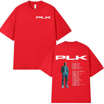 Red plk tour t-shirt in cotton featuring a man graphic and 2023 tour schedule for fashion hip hop vintage streetwear