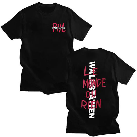 Black cotton short-sleeved t-shirt with bold pink and white rapper pnl monde chico album text for fashion hip hop fans