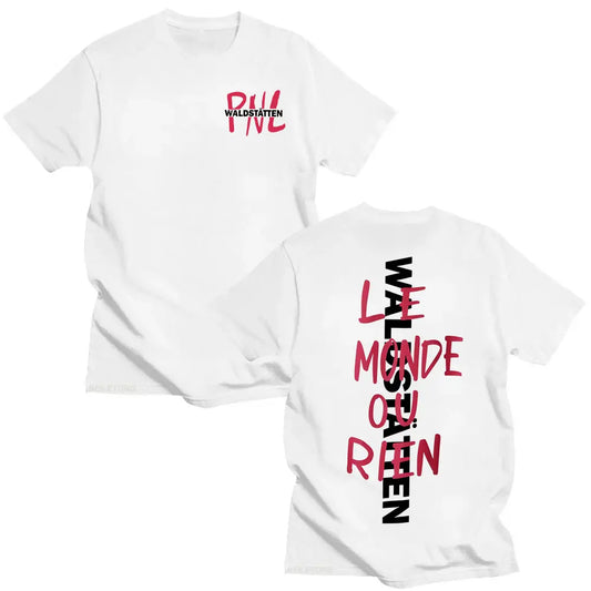 White cotton rapper PNL t-shirt with bold pink and black text on front and back inspired by monde chico album fashion hip hop