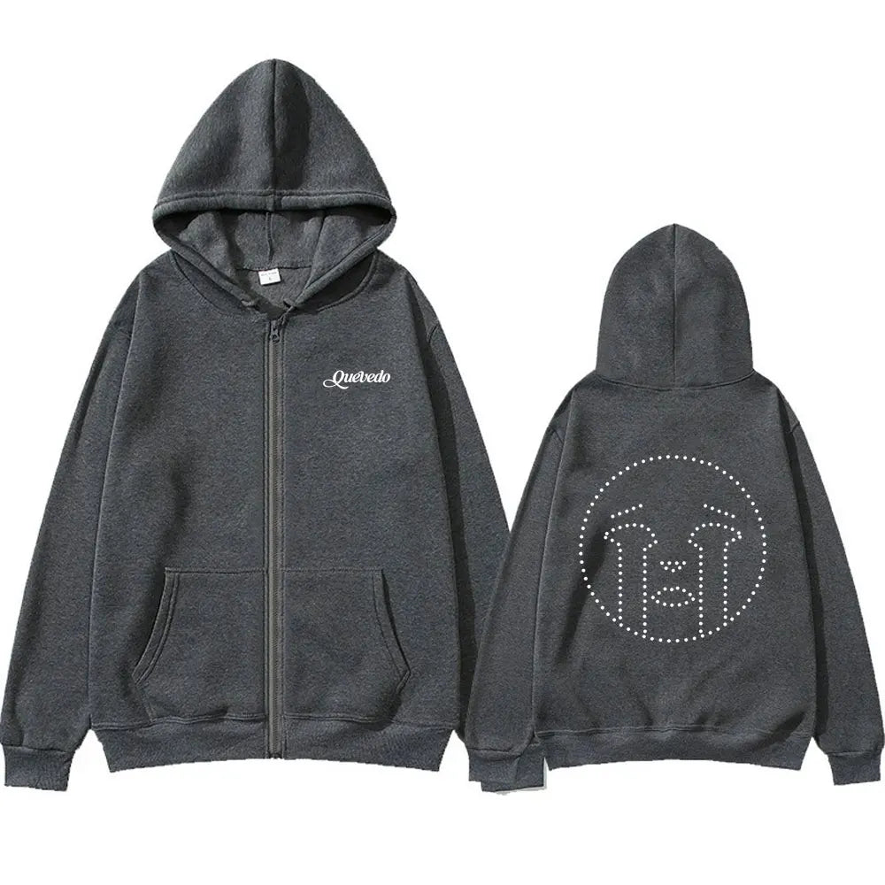 Dark gray zip-up Rapper Quevedo Buenas Noches hoodie with white logo front and rhinestone crying eyes design back