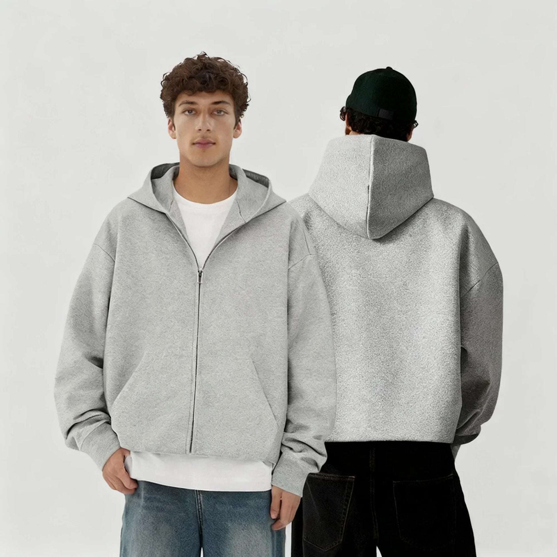 Gray zip-up hoodie with heathered textured fabric and relaxed fit from rapper quevedo buenas noches hip hop fashion collection