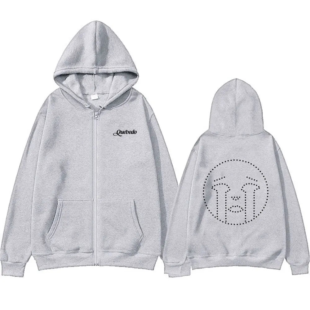 Light gray zip-up hoodie with black embroidered quevedo logo on chest and dotted crying face design on back side