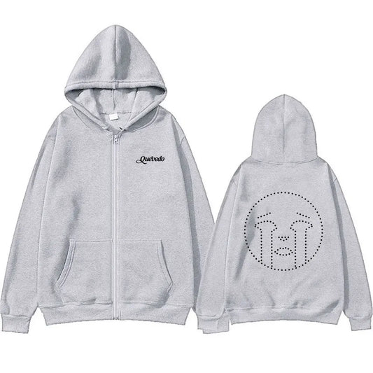 Light gray zip-up hoodie with black embroidered quevedo logo on chest and dotted crying face design on back side
