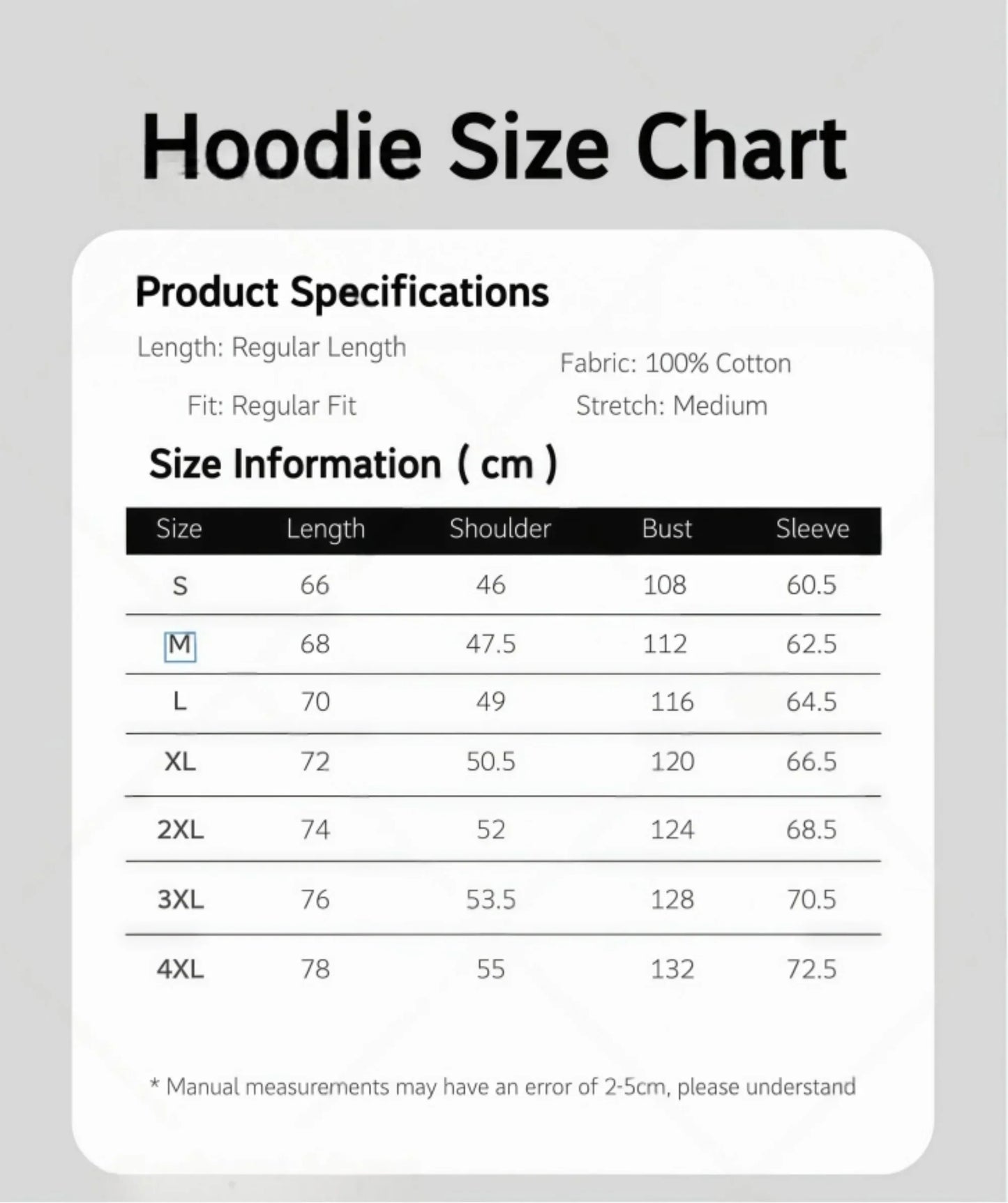 The rapper quevedo buenas noches zipper hoodie size chart shows measurements for s to 4xl in 100% cotton regular fit