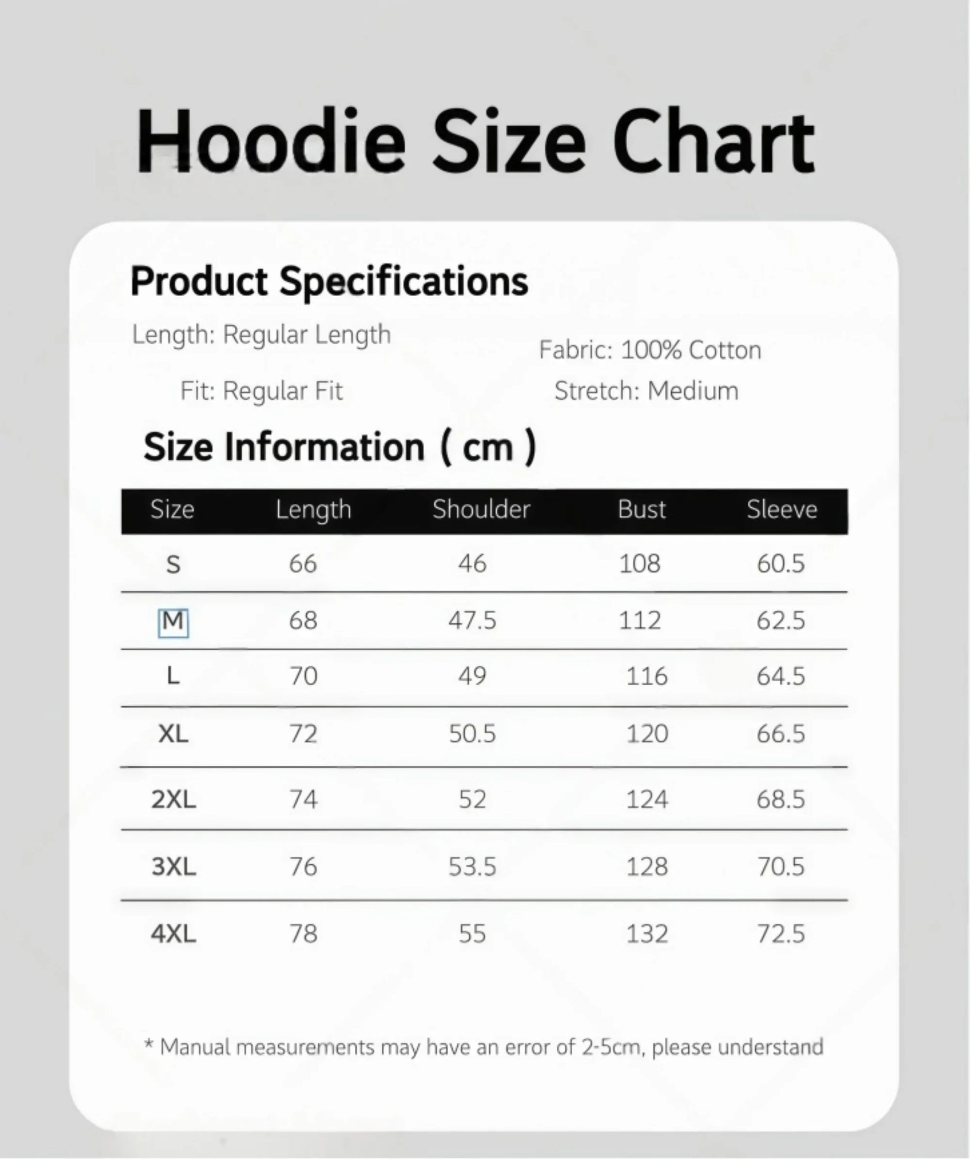 The rapper quevedo buenas noches zipper hoodie size chart shows measurements for s to 4xl in 100% cotton regular fit