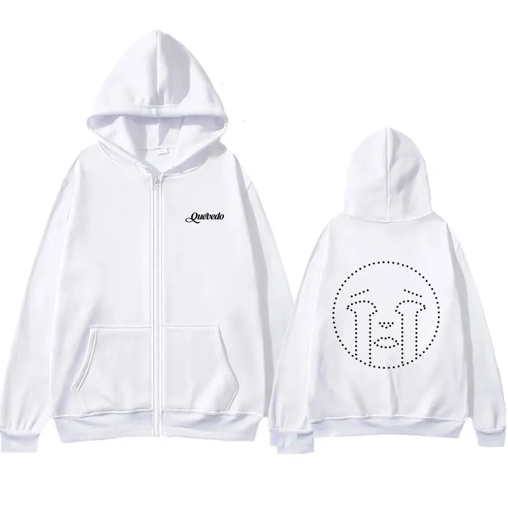 White zip up hoodie with black quevedo logo on chest and dotted crying face design on back for hip hop fashion