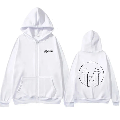 White zip up hoodie with black quevedo logo on chest and dotted crying face design on back for hip hop fashion