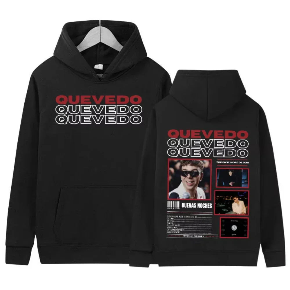 Black hoodie with bold red and white quevedo text front and graphic album print back for rapper quevedo tour hip hop fashion