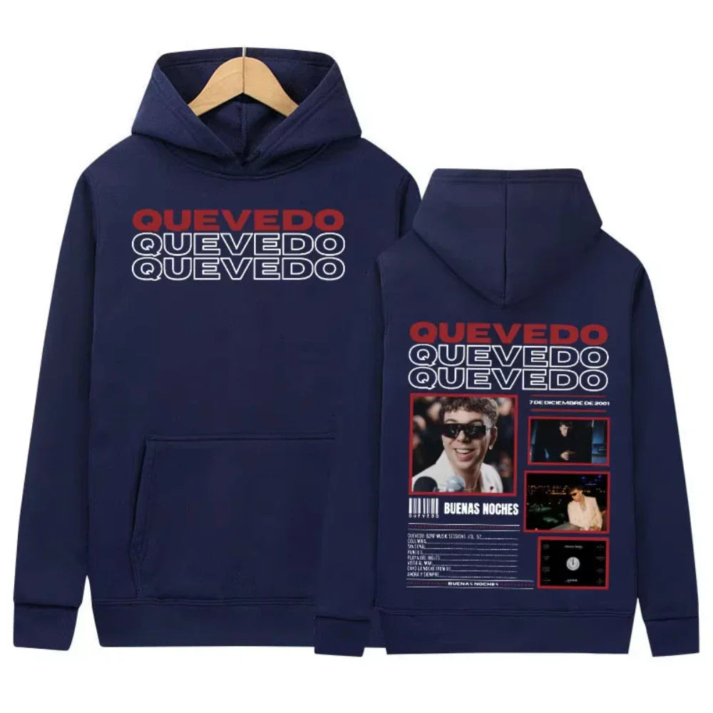 Navy blue rapper quevedo tour hoodie with bold red and white text front and graphic design back for hip hop fashion