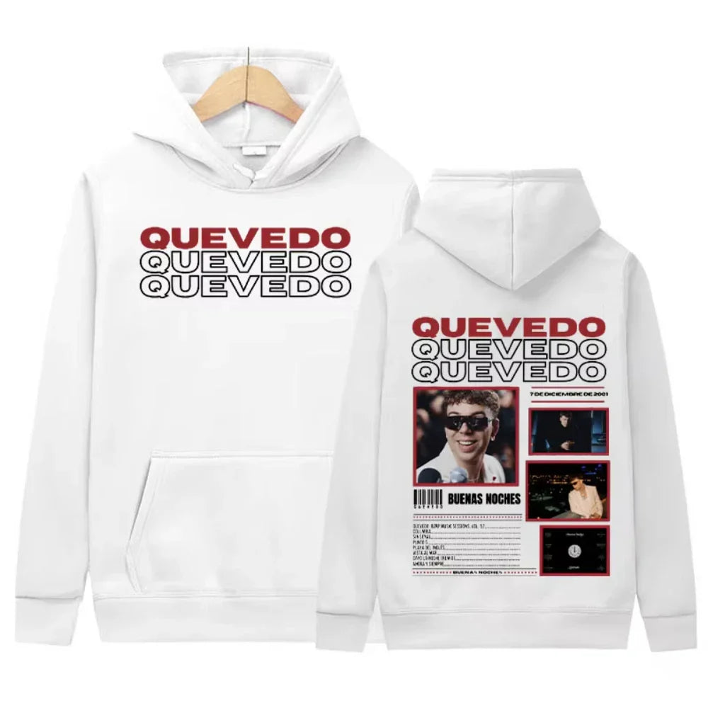 White hoodie with bold red and black quevedo text front and magazine-style graphic back for rapper quevedo tour hip hop fashion