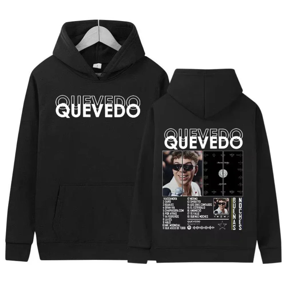 Black hoodie with white quevedo text and detailed back graphic featuring album art and rapper quevedo tour 2026 details