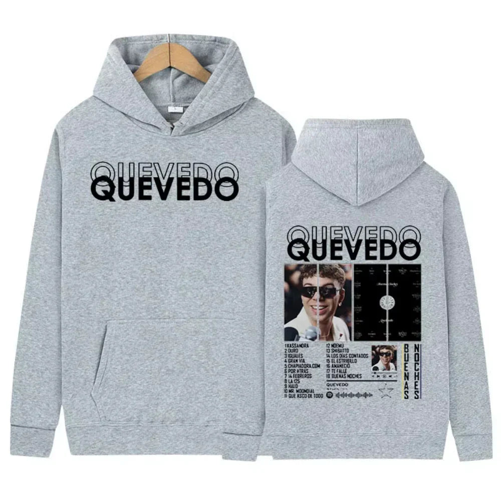 Gray casual oversized hooded rapper quevedo tour hoodie with bold black lettering and graphic print on the back