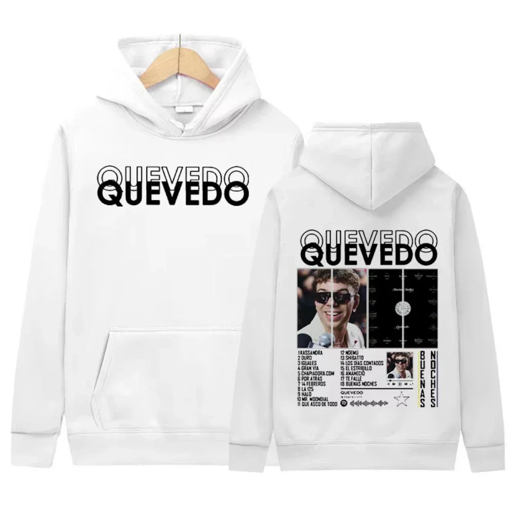 White rapper quevedo tour hoodie with bold black lettering front and detailed graphic print back casual oversized hooded quality fashion clothing