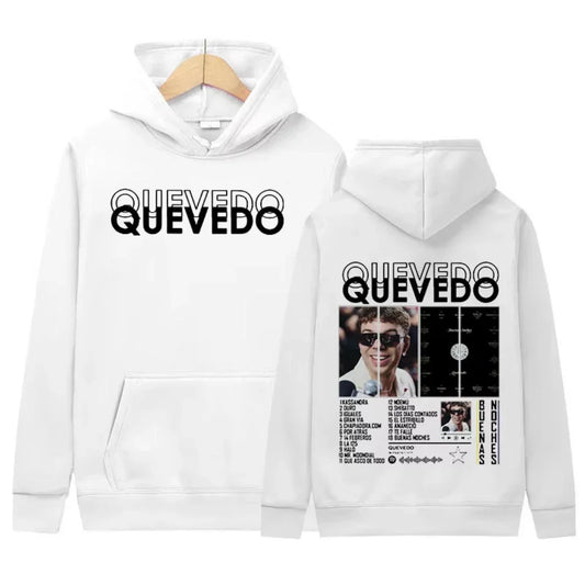 White rapper quevedo tour hoodie with bold black lettering front and detailed graphic print back casual oversized hooded quality fashion clothing
