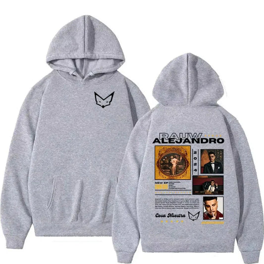 Gray rapper rauw alejandro tour 2024 vintage fashion sweatshirt with black fox logo and hip hop halbum graphic on back