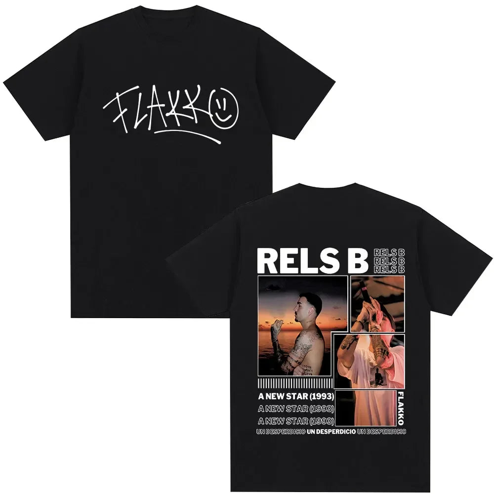 Black cotton t-shirt with white flakk signature on back and rels b album graphic on front hip hop tshirts star album merch