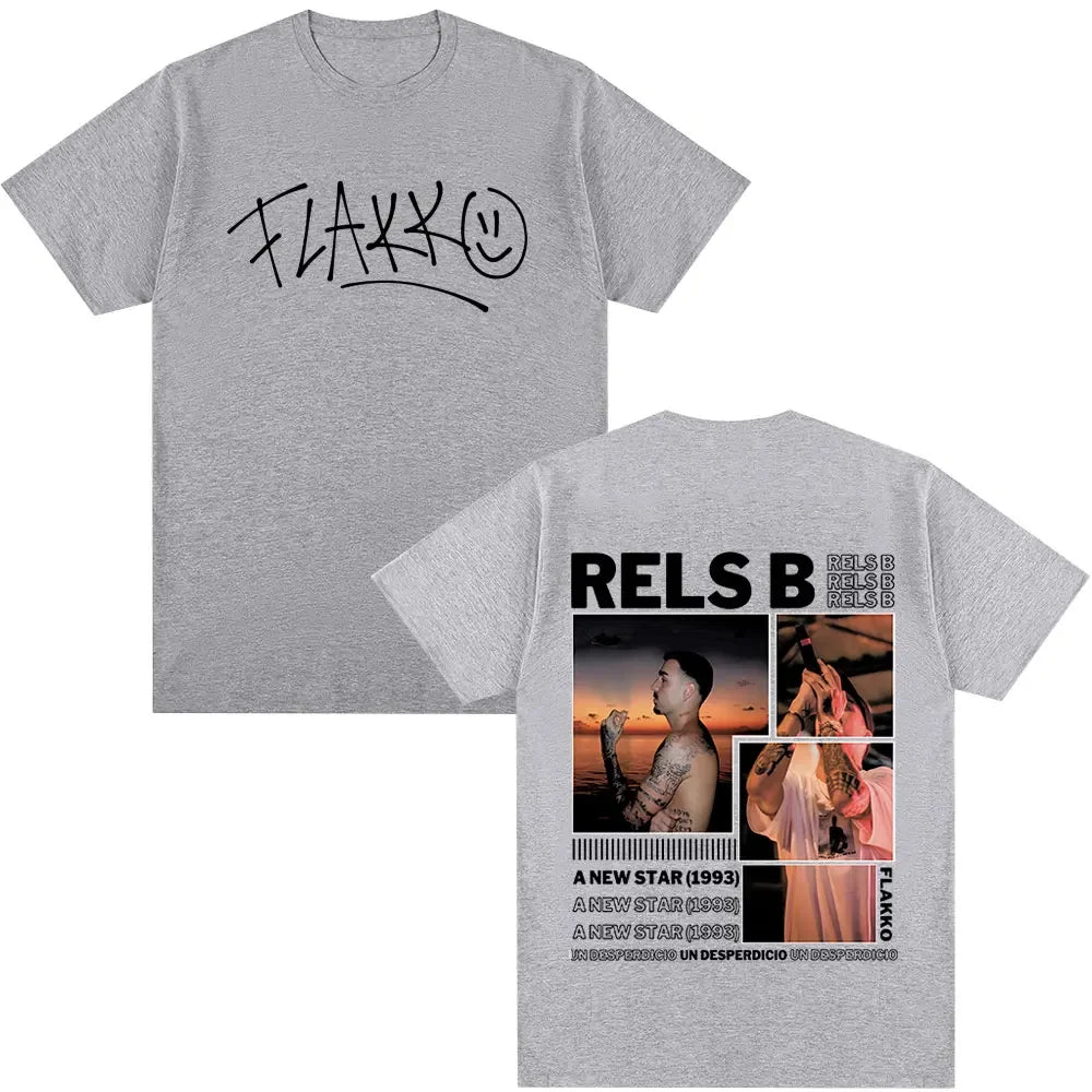 Gray heathered t-shirt with black flakk signature front and detailed rels b album art back for star album merch hip hop tshirts