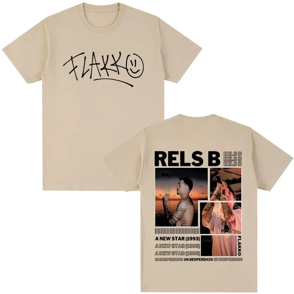 Beige rapper rels b star album merch t shirt featuring black flakk signature front and collage back hip hop tshirts streetwear