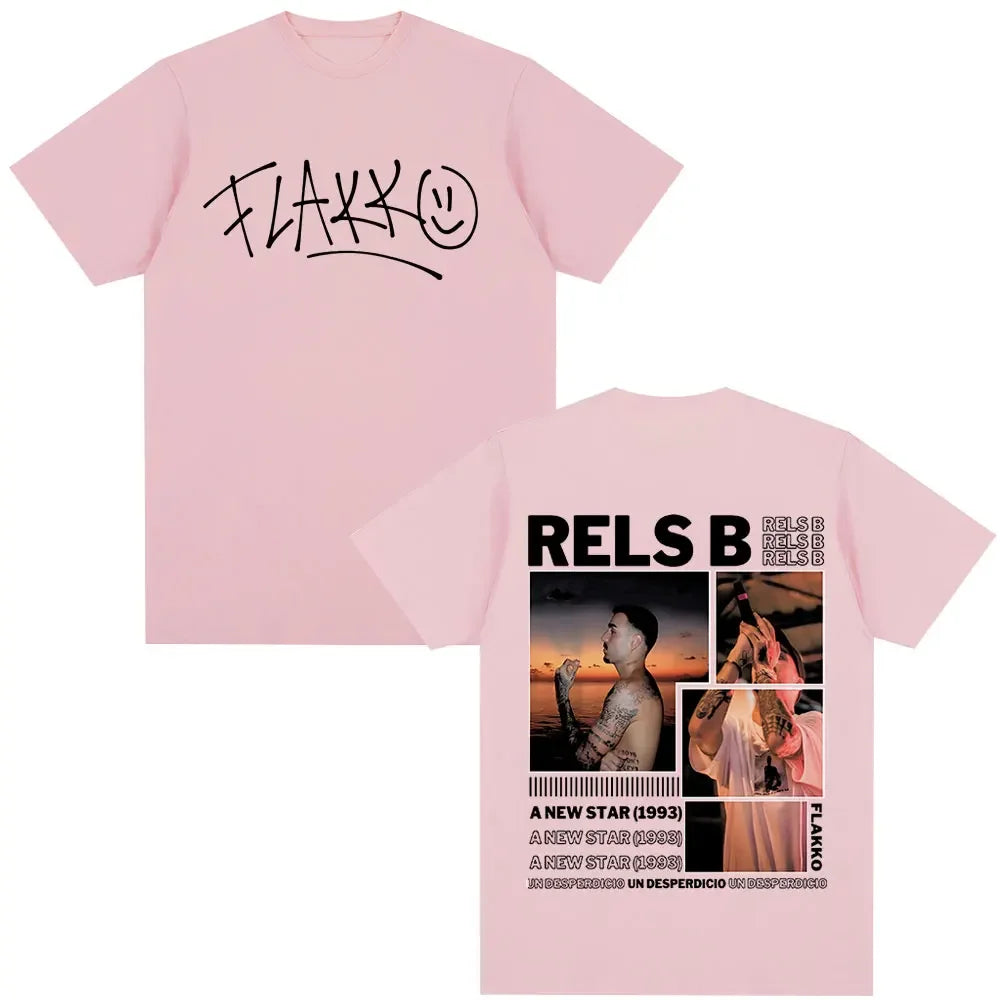 Pink short-sleeved t-shirt with black flakk graphic and rapper rels b star album merch collage hip hop tshirts streetwear