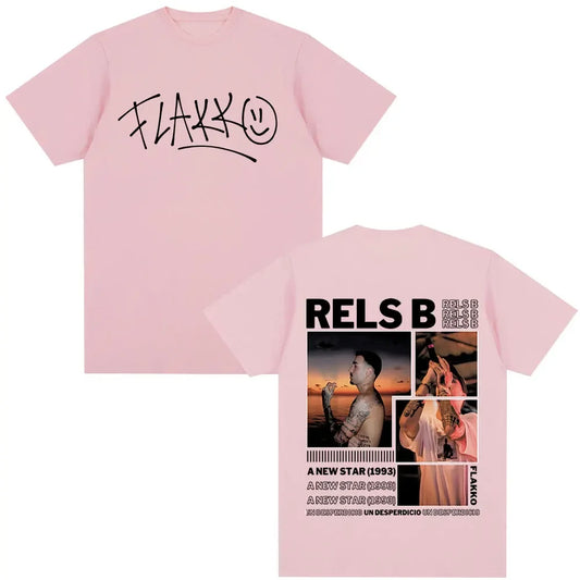 Pink short-sleeved t-shirt with black flakk graphic and rapper rels b star album merch collage hip hop tshirts streetwear