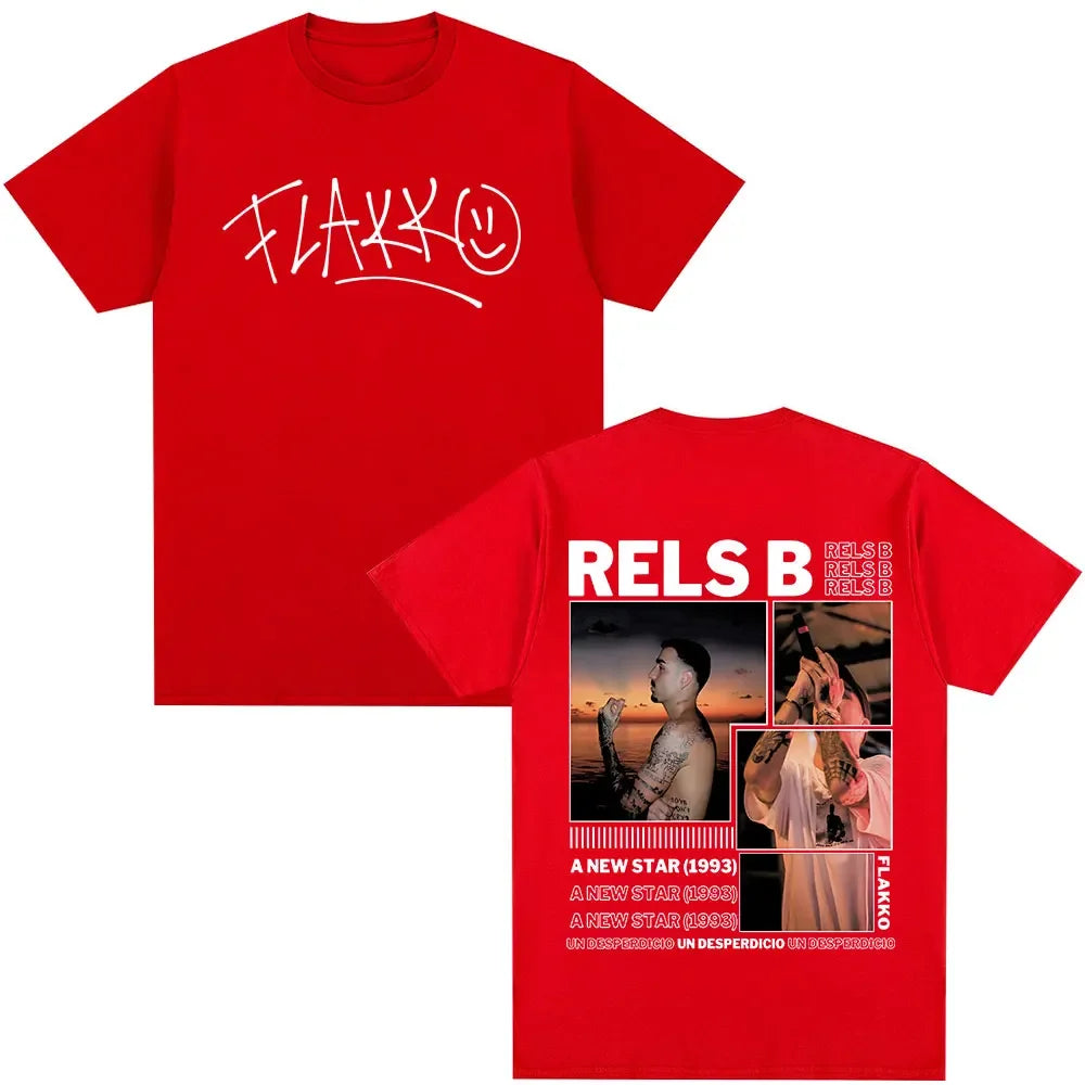 Red short-sleeved hip hop tshirts with white flakk logo front and graphic star album merch back featuring rapper rels b branding