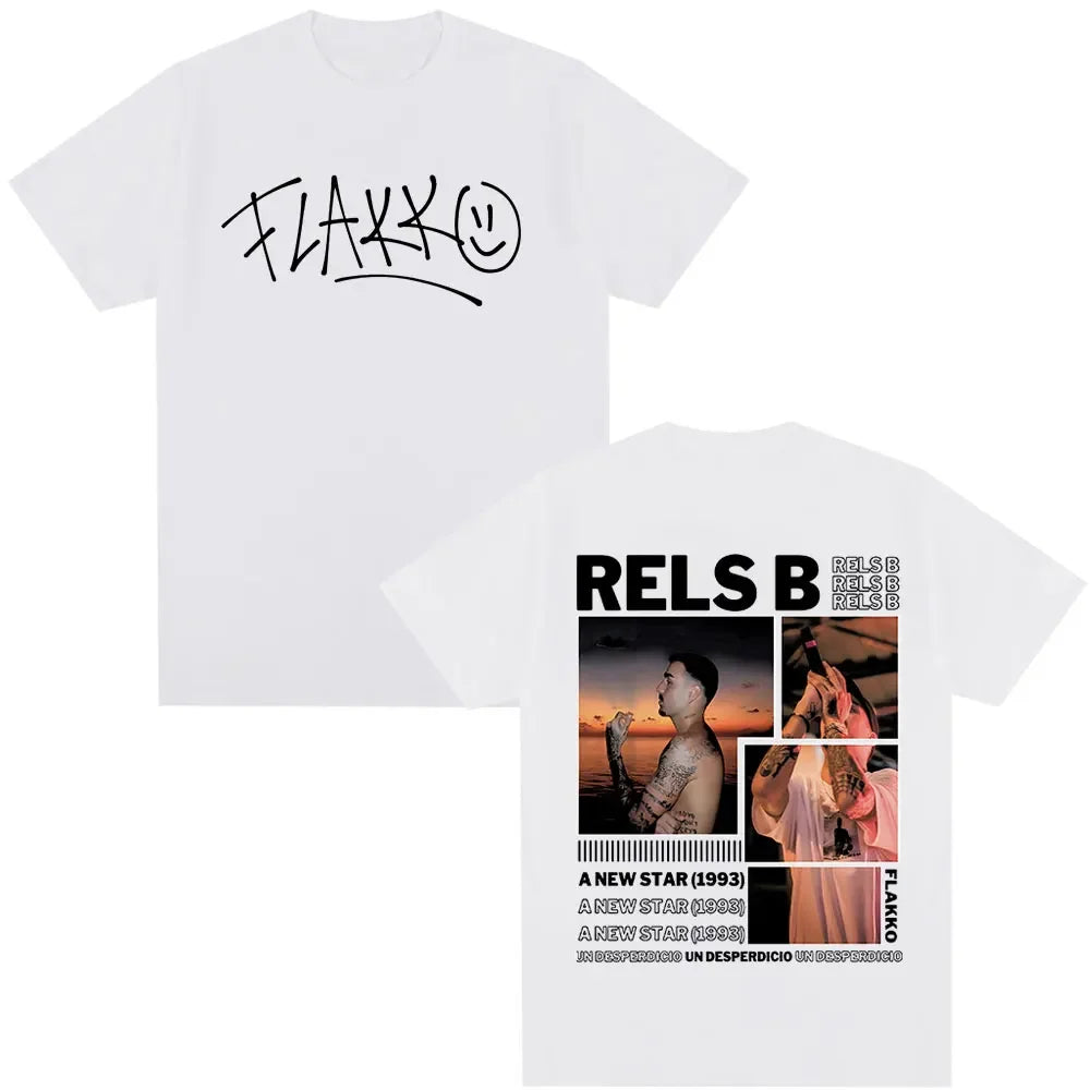 White cotton t-shirt with black flakk graphic and rels b star album merch collage for hip hop tshirts fans