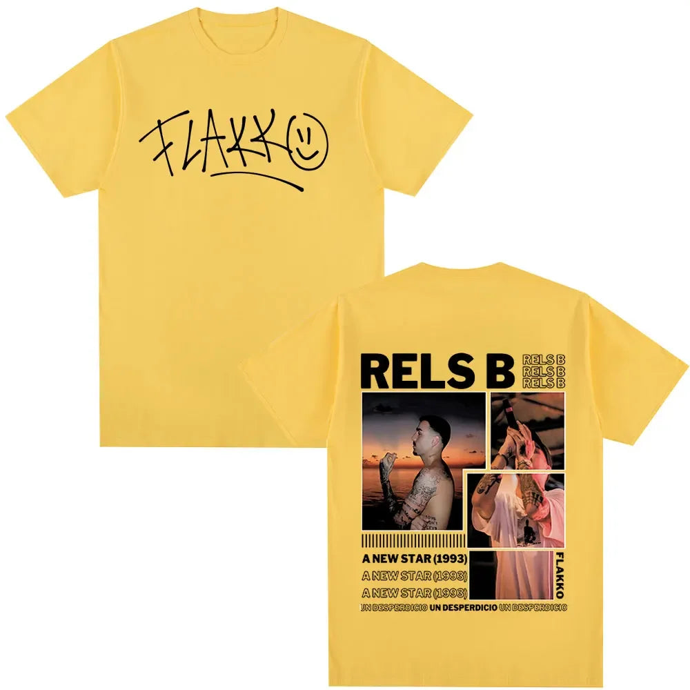 Yellow short-sleeved t-shirt with black graphic designs featuring rapper rels b star album merch for hip hop tshirts fans