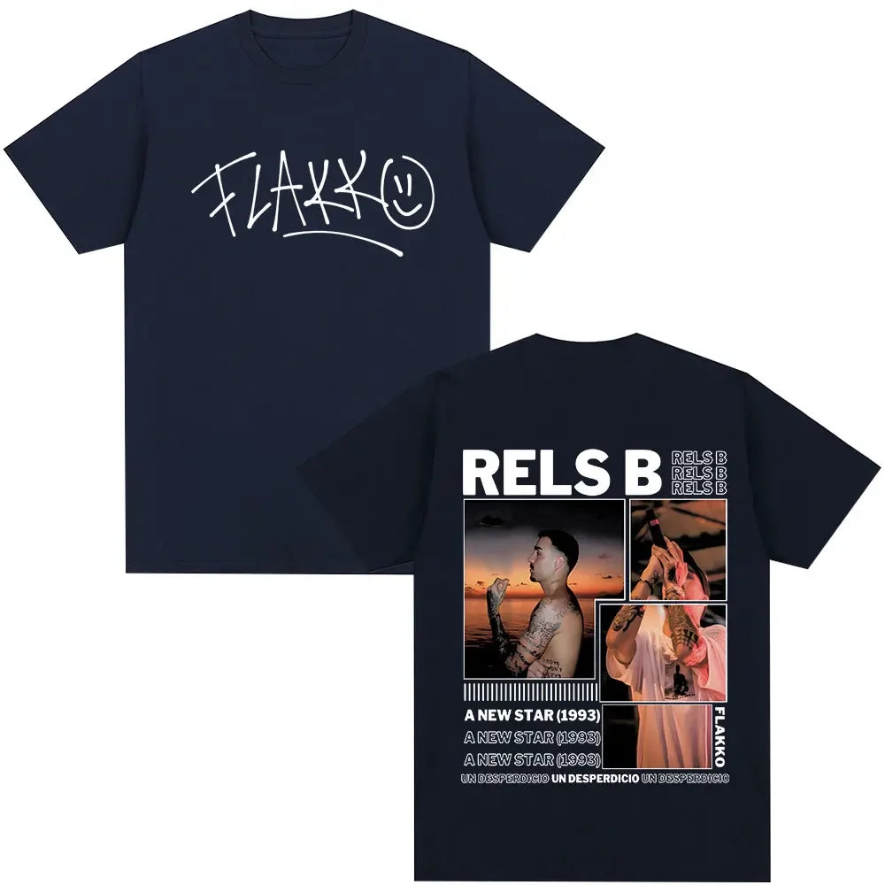Navy blue flakko t-shirt with white graffiti logo front and detailed rapper rels star album merch back print